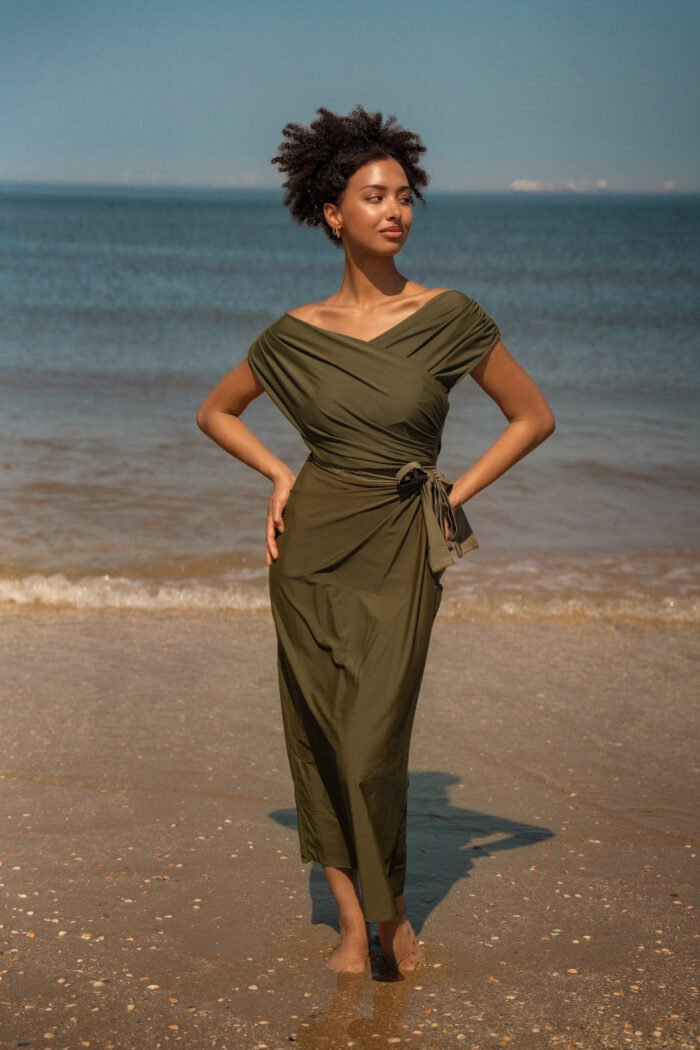 Draped top off shoulder olive green LET OP DEZE TOP IS PRE-ORDER!
