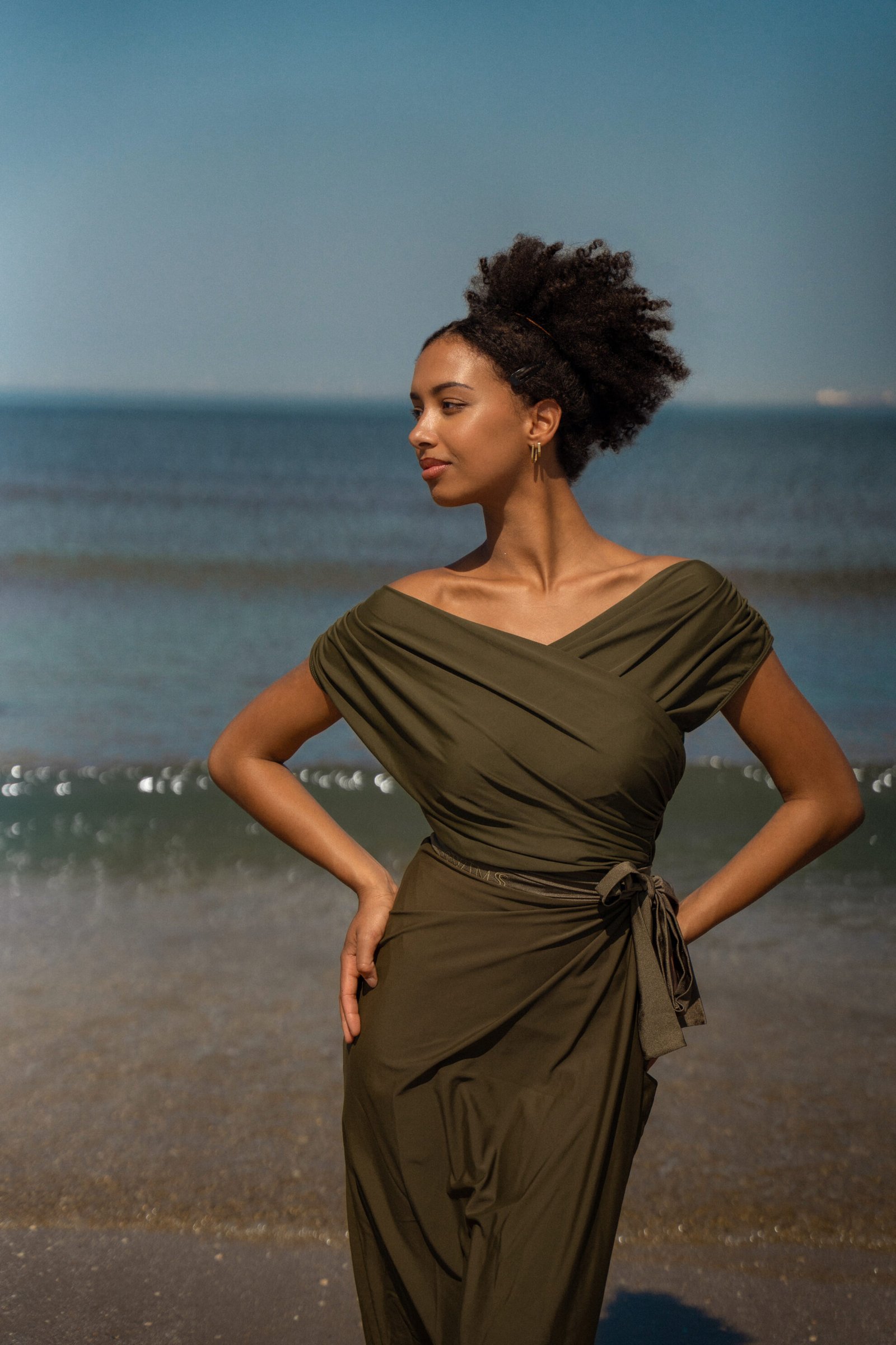 Draped top off shoulder olive green LET OP DEZE TOP IS PRE-ORDER! - Image 3